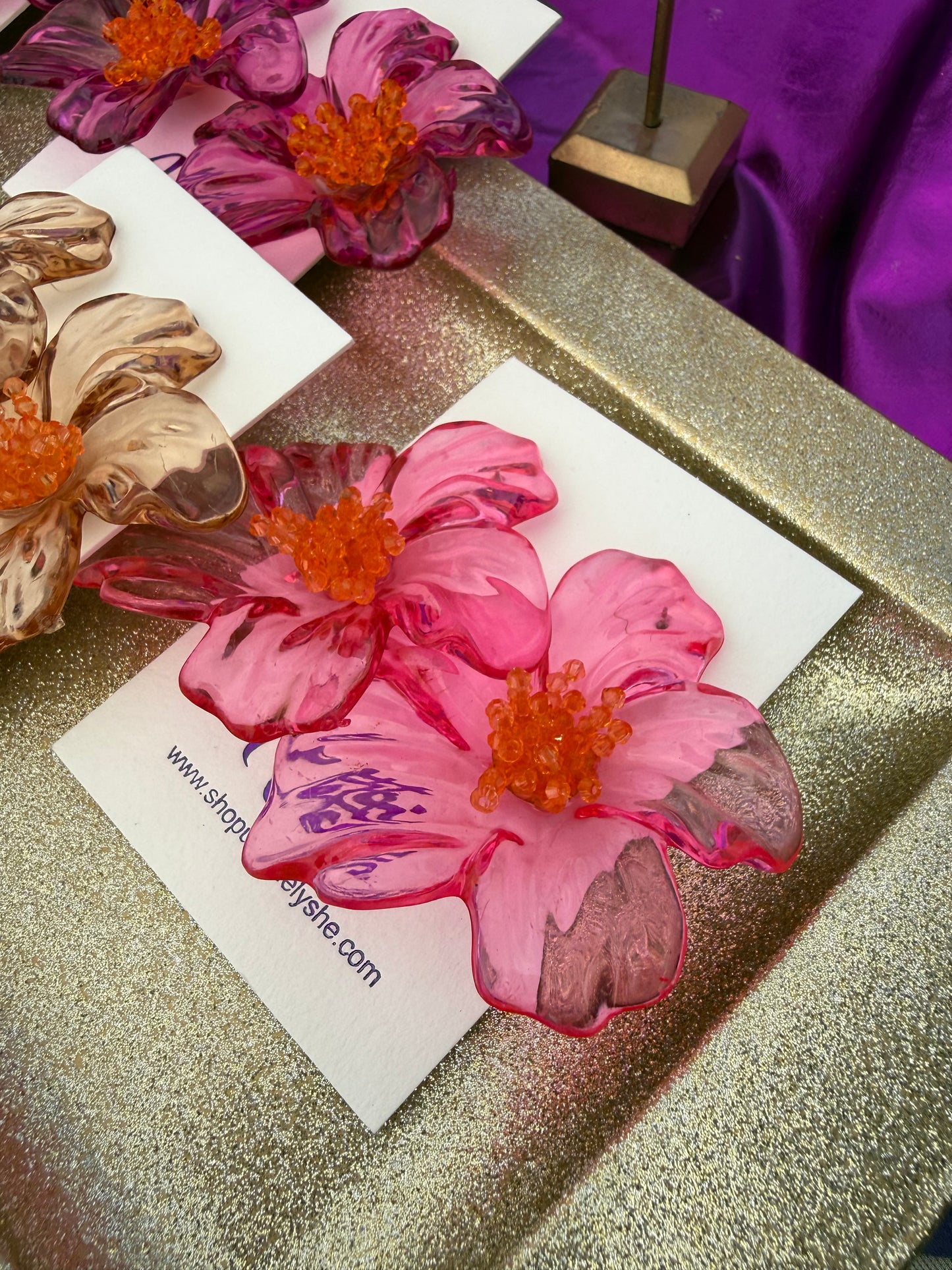 Champagne Blossom Resin Hibiscus Flower Statement Earrings