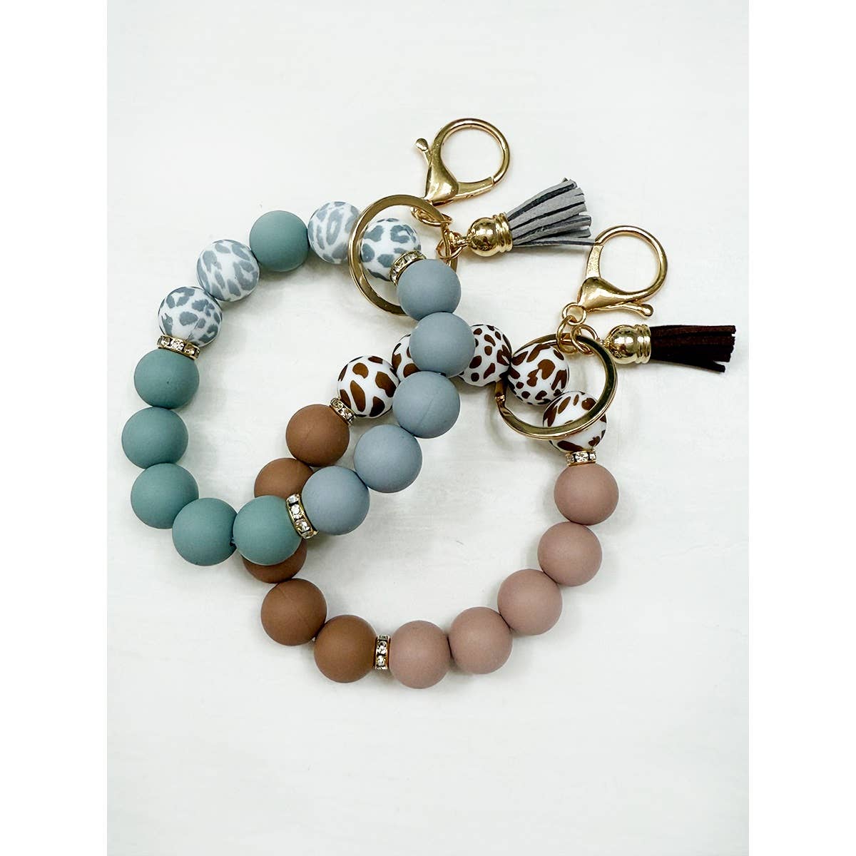Beaded Keychain Wristlet Key Ring Bracelet: TAUPE LEO / ONE(6)