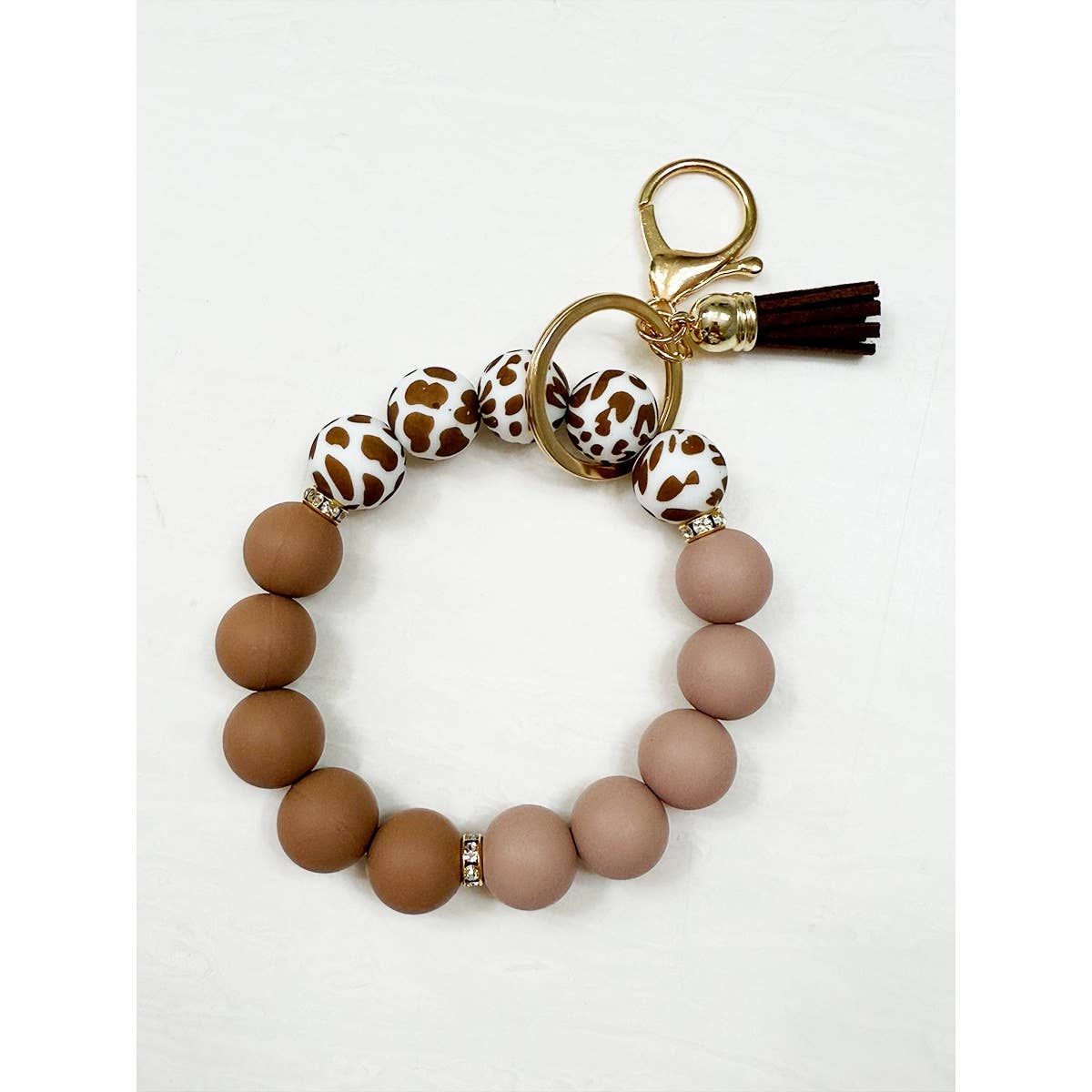 Beaded Keychain Wristlet Key Ring Bracelet: TAUPE LEO / ONE(6)