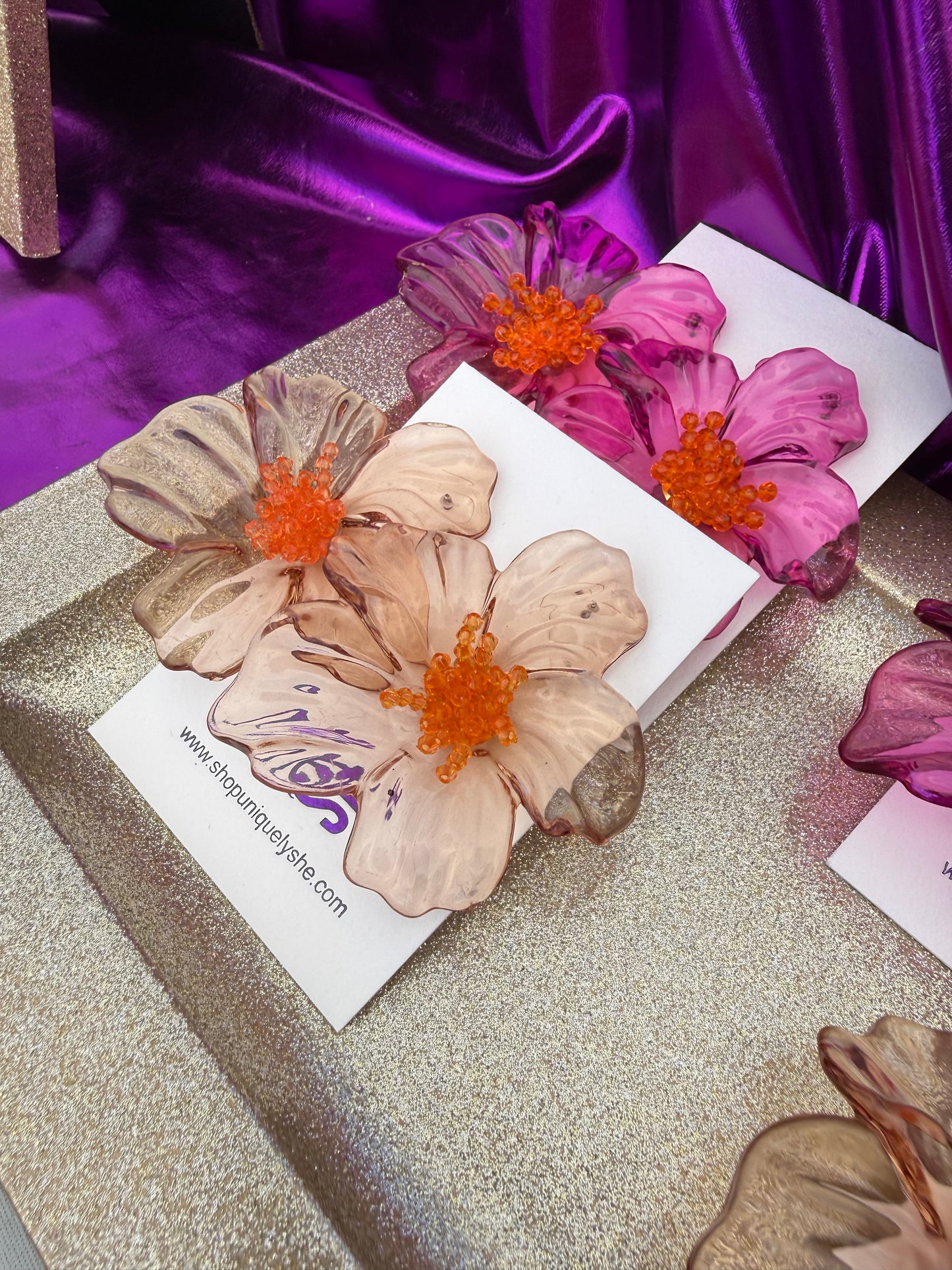 Champagne Blossom Resin Hibiscus Flower Statement Earrings