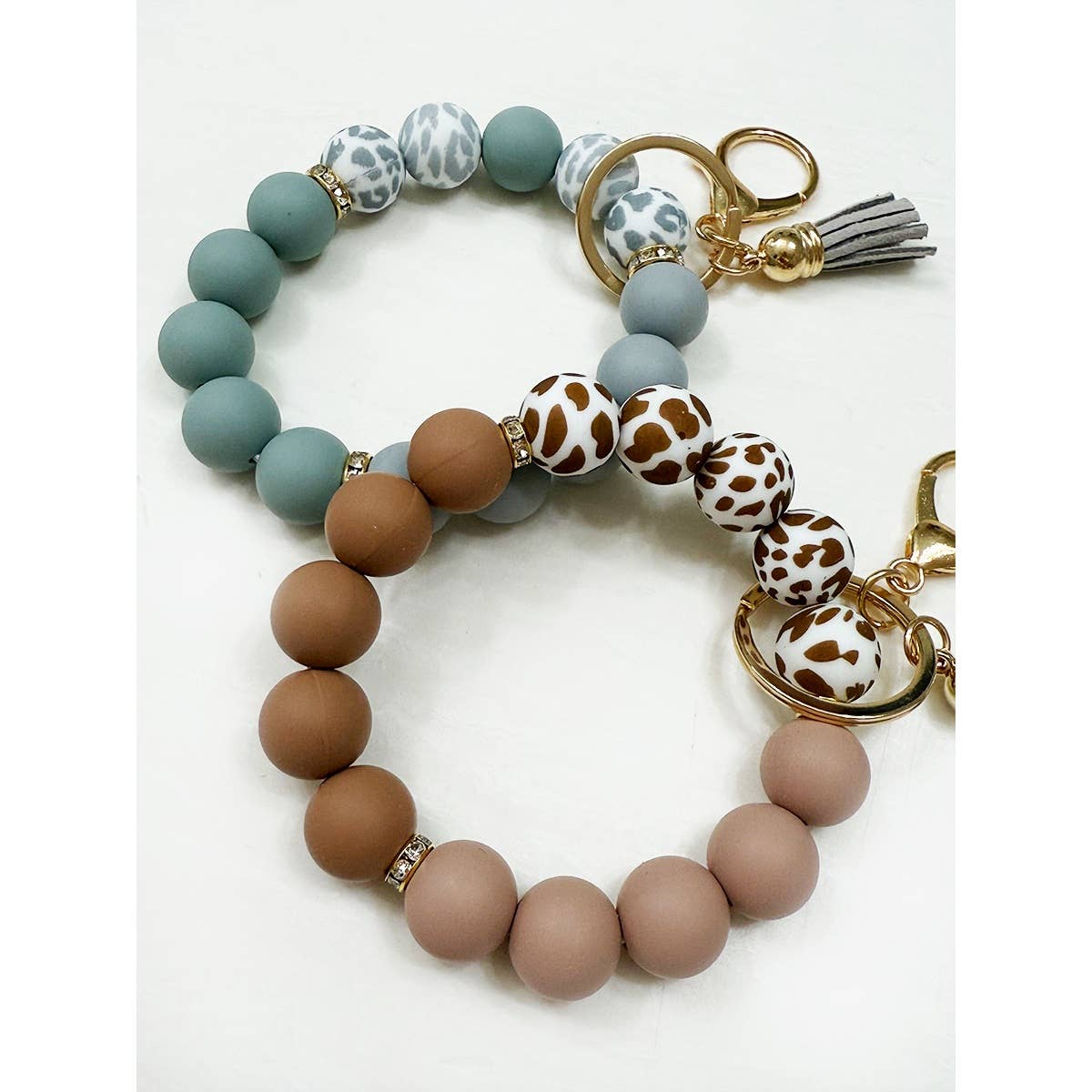 Beaded Keychain Wristlet Key Ring Bracelet: TAUPE LEO / ONE(6)