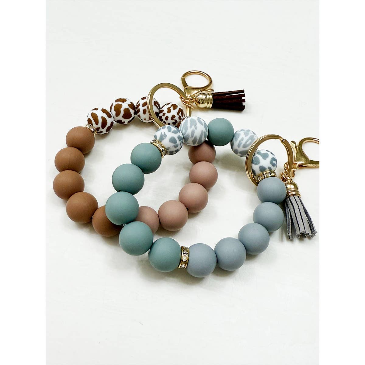 Beaded Keychain Wristlet Key Ring Bracelet: TAUPE LEO / ONE(6)