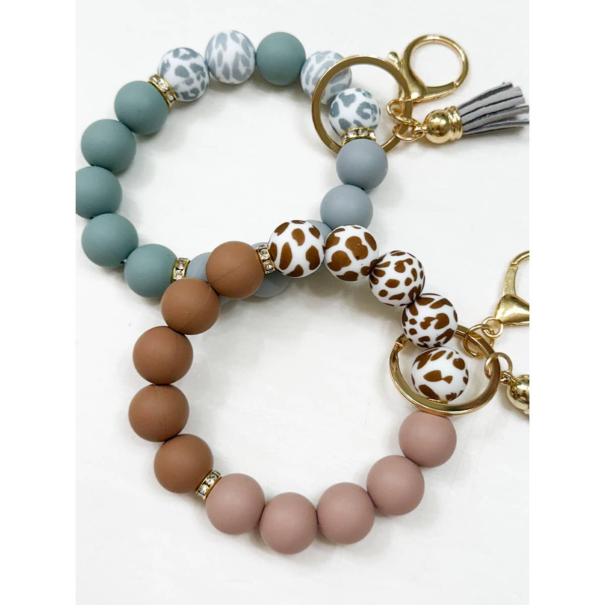 Beaded Keychain Wristlet Key Ring Bracelet: TAUPE LEO / ONE(6)